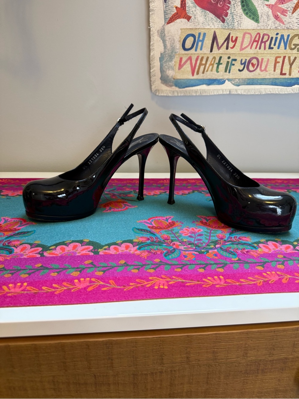 YSL Tribtoo Black Patent Platform Slingback Pumps 38.5 - Picture 5 of 15